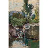 Alphons Hollaender, Ratisbona, 1845 - Firenze, 1923 / Paesaggio fluviale / Firmato 'A Hollaender' in basso a destra, oil on tavoletta