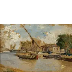 Ratisbona, 1845 - Firenze, 1923 / Paesaggio fluviale con imbarcazione / Firmato 'A Hollaender' in basso a sinistra by Alphons Hollaender, oil on tavoletta, offered Nov 2018