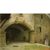 Pompeo Massani, Firenze, 1850 - 1920 / Cortile del castello di Poppi / Firmato 'P Massani' in basso a sinistra, oil on cartoncino