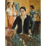 Paulo Ghiglia, Firenze, 1905 - Roma, 1979 / Interno di famiglia, nel retro figura femminile / Firmato 'Paulo Ghiglia' 1934 in alto destra, oil on canvas