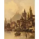 Karl Kaufmann, Slesia austriaca, 1843 - Vienna, 1905 / Paesaggio olandese con imbarcazione / Firmato 'Fr Gilbert' in basso a sinistra