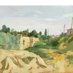 Bernardino Palazzi, Nuoro, 1907 - Roma, 1987 / Sulla riva del Bacchiglione / Firmato 'B Palazzi' datato 1928 in basso a destra, oil on panel