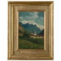 Lorenzo Gignous, Modena, 1862 - Porto Ceresio, 1958 / Paesaggio montano con chiesetta / Firmato 'L Gignous' in basso a destra, oil on masonite