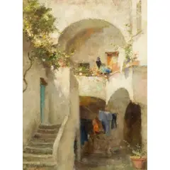 Positano, 1909 - 1986 / Interno di cortile con balcone fiorito / Firmato 'V White' in basso a sinistra by Valentino White, oil on tavoletta, offered Nov 2018