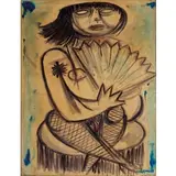 Giuseppe Migneco, Messina 1908 - Milano 1997 / Donna con ventaglio, 1964, mixed media on paper riportata on canvas