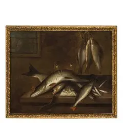 Louis Leonard Hübner, Natura morta di pesci / Firmato in basso a destra, oil on canvas