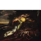 Felice Boselli, Natura morta con pesci, crostacei e limone, oil on canvas