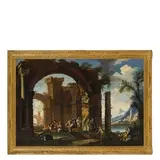Clemente Spera, Paesaggio con rovine, figure e lago sullo sfondo, oil on canvas