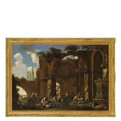 Clemente Spera, Paesaggio con rovine e viandanti a riposo, oil on canvas