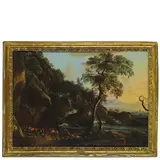 Pandolfo Reschi, Paesaggio fluviale con cascata e viandanti, oil on canvas