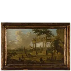 Pierre Patel, Paesaggio con capriccio architettonico e figure, oil on panel