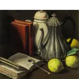 Vittorio Gussoni, Milano 1893 - Sanremo 1968 / Natura morta con libro, porcellane, argenti e limoni / Firmato Vittorio Gussoni in basso a sinistra