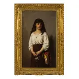 Ernesto Fontana, Milano 1837 - Cureglia (Svizzera) 1918 / Fanciulla con tamburello e mazzolino di fiori / Firmato E Fontana Milano in basso a sinistra, oil on canvas