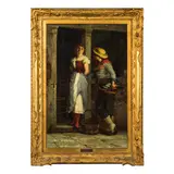 Cesare Laurenti, Mesola (FE) 1854 - Venezia 1937 / Il corteggiamento sotto il portico / Firmato C Laurenti in basso a sinistra, oil on canvas