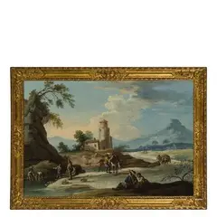 Francesco Simonini, Paesaggio con casolare e figure, oil on canvas