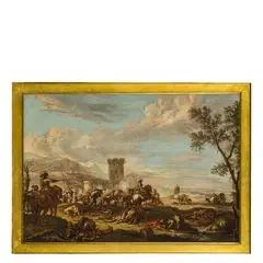 Francesco Simonini, Paesaggi con accampamento (il pagamento dell'affitto), oil on canvas