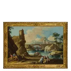 Francesco Simonini, Paesaggio con torre, ponte e figure, oil on canvas