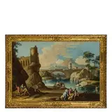 Francesco Simonini, Paesaggio con torre, ponte e figure, oil on canvas