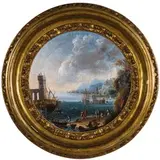 Antonio Cioci, Vedute costiera con torre e navi alla fonda / Veduta costiera con navi alla fonda e figure, oil on canvas