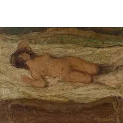 Giuseppe Mozzoni, Gardone Val Trompia, 1887 - Brescia, 1978 / Nudo di donna disteso / Firmato Mozzoni in basso a destra / Iscrizione in basso a sinistra, oil on panel