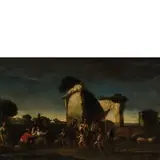 Antonio Travi, Coppia di paesaggi con rovine e figure, oil on canvas