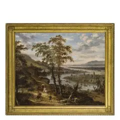 Carel van Falens, Paesaggio fluviale con cavalieri, oil on canvas