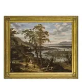 Carel van Falens, Paesaggio fluviale con cavalieri, oil on canvas