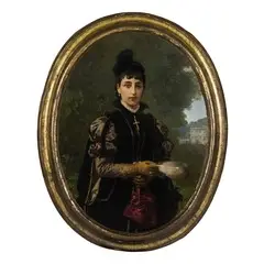 Gerolamo Induno, Milano 1827 - 1890 / Ritratto di donna Ester Piaggio Pastorino, Villa Pinelli Gentile sullo sfondo / Firmato Ger Induno in basso a destra, oil on canvas