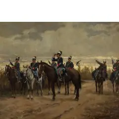 Enrico Vizzotto Alberti, Oderzo, 1880 - Padova, 1976 / Truppe Secondo Piemonte Reale, Dragoni in ricognizione / Firmato E Vizzotto Alberti in basso a destra, oil on panel