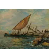 Berto Ferrari, Bogliasco 1887 - Genova 1965 / L'approdo a Boccadasse / Firmato Berto Ferrari 1936 in basso a sinistra, oil on cardboard