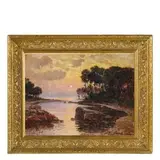 Luigi Clara, Torino ante 1875 - Genova 1925 / Paesaggio fluviale all'alba / Firmato L Clara in basso a destra, oil au cartone