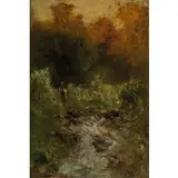 Pompeo Mariani, Monza, 1857 - Bordighera, 1927 / Donna con gerla vicino a un ruscello / Firmato P Mariani, Monza in basso a sinistra