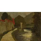 Pietro Fragiacomo, Trieste 1856 - Venezia 1922 / Donna vicino a un canale / Firmato P Fragiacomo in basso a sinistra