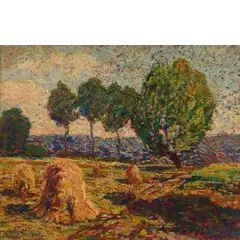 François-Auguste Ravier, Lione, 1814 - Morestel, 1895 / Paesaggio con covoni / Firmato A Ravier in basso a sinistra, oil on cardboard