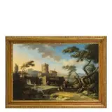 Nicola Viso, Paesaggio con fortilizio e cacciatori / Paesaggio con ponte e viandanti / Firmato in basso a destra N. VISO F., oil on canvas