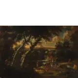 THEODOR VISSCHER (attr. a) / Paesaggio con scena di caccia by François Simonot Detto Francesco Borgognone, oil on canvas, offered Dec 2019