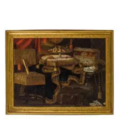 Antonio Tibaldi, Natura morta con carte da gioco, scrigno e alzata con dolci, oil on canvas