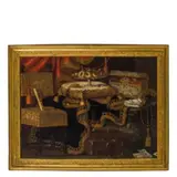 Antonio Tibaldi, Natura morta con carte da gioco, scrigno e alzata con dolci, oil on canvas