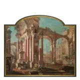 Pietro Paltronieri, Capriccio architettonico con colonnato, tempera and olio on canvas mistilinea