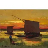 Livorno, 1883 - 1979 / Barche con pescatori sulla riva / Firmato R Natali in basso a sinistra by Renato Natali, oil on panel, offered Dec 2019