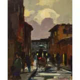 Livorno, 1883 - 1979 / Carrozzella e figure a Livorno / Firmato R Natali in basso a destra by Renato Natali, oil on panel, offered Dec 2019