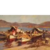 Livorno, 1898 - Valdana di Portoferraio, 1981 / Barche con pescatori sulla riva / Firmato C Domenici in basso a destra by Carlo Domenici, oil on panel, offered Dec 2019