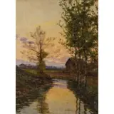Luigi Clara, Torino, 1875 - Genova, 1925 / Paesaggio fluviale al sorgere del sole / Firmato L Clara in basso a sinistra, oil on canvas