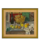 Oscar Saccorotti, Roma, 1898 - Megli di Recco, 1986 / Natura morta con cesto di vimini, frutta e bottiglie / Firmato O Saccorotti in basso a sinistra e datato 1968 a destra, oil on canvas