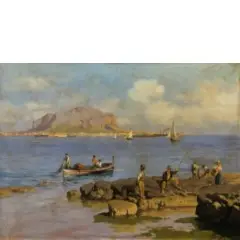Michele Catti, Palermo, 1855 - 1914 / Pescatori sulla spiaggia, il monte Pellegrino sullo sfondo / Firmato M Catti in basso a destra, oil on cardboard