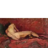 Ernst Samuel Geiger, Germania, 1876 - 1965 / Nudo di donna sul divano / Firmato E Geiger, Cilm 1929 in basso a destra, oil on canvas applicata on cardboard