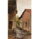 Leonardo Bistolfi, Casale M.to, 1859 - La Loggia, 1933 / Veduta campestre, case rurali e figura / Firmato L Bistolfi, dedica in basso a destra, oil on panel