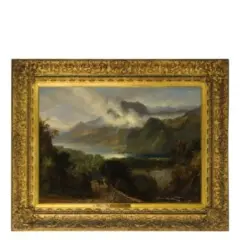 Inghilterra, 1778 - Scozia, 1840 / Paesaggio lacustre, montagne sullo sfondo e cavalieri by John Thomson, oil on canvas, offered Dec 2019