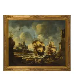 Peter van de Velde, Veduta costiera con vascelli, oil on canvas
