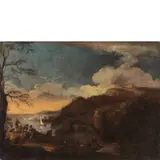 Jacob de Heusch, Riposo degli armigeri su paesaggio lacustre, oil on canvas